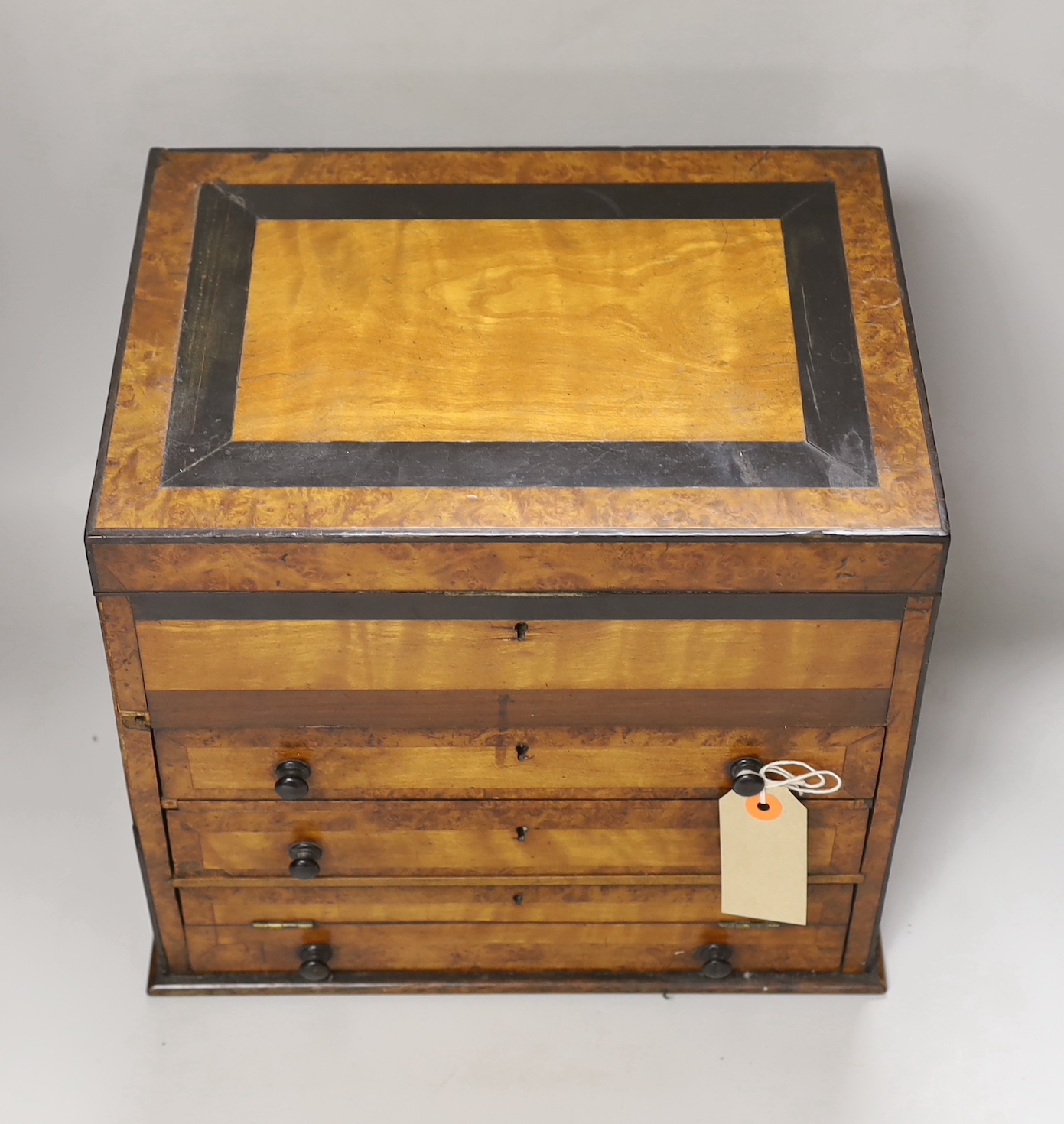 A Victorian satinwood and burr walnut workbox, 29cm